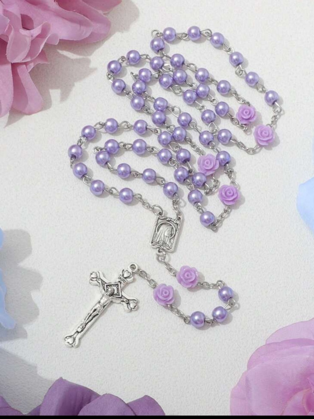 Lavender Rosary Necklace with Silver Crucifix, Purple Rosary, Rose Accent Rosary